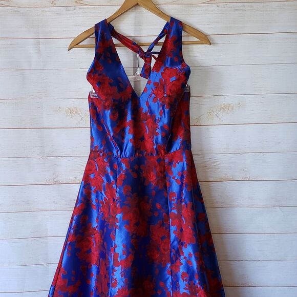 Eva Franco Anaya Floral Halter Full Skirt Metallic V-Neck Dress Women's Size 4 - Picture 3 of 10